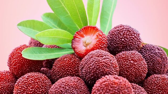 Macro Extreme Close-up of Fresh Red Yangmei Chinese Bayberry Pile with Sliced Fruit and Green Leaves on Pink Background