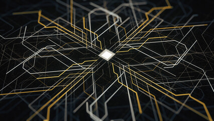 Obraz premium Abstract digital network with glowing lines and central chip