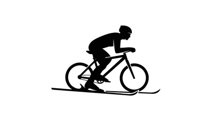 Obraz premium A black silhouette of a cyclist riding a bicycle on skis against a white background with a dark and dynamic mood.