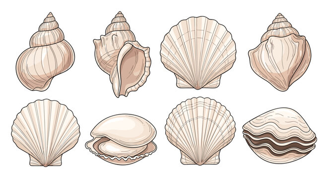 Detailed illustration of different types of seashells showing various shapes, sizes, and textures on a white background.