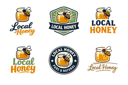 Local honey logos with jar and bee in various designs