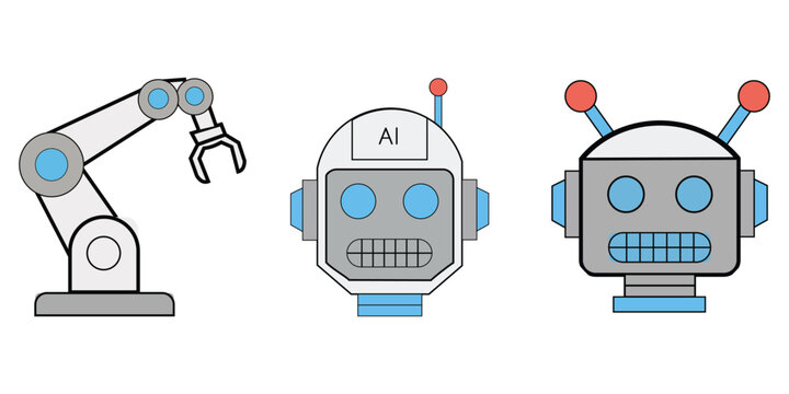 Set of three different robot icons, including a robotic arm and two cute robot heads, vector illustration