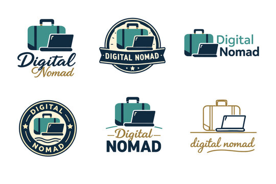 Digital nomad logo set featuring luggage and laptop designs