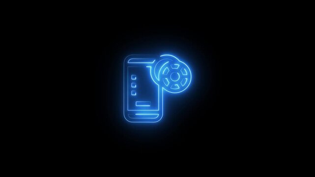 Neon blue glowing smartphone icon with settings gear symbol on black background digital technology concept animation