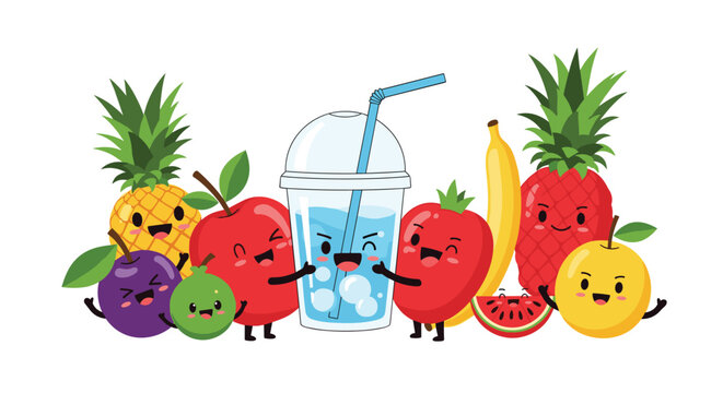 Group of adorable cartoon fruits with happy faces surrounding a refreshing blue beverage in a plastic cup.
