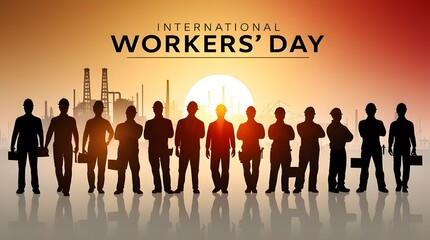 International Workers' Day Banner with Silhouettes of Industrial Workers at Sunset