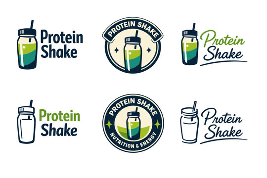 Protein shake logo designs with bottle illustrations and text variations