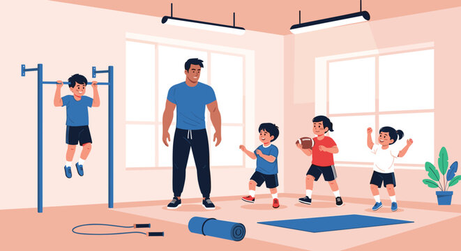 Active gym class for children where a fitness instructor supervises young kids performing pull ups playing with a football and exercising.