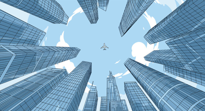 Dramatic low angle perspective of tall city skyscrapers reaching toward a clear blue sky where a single airplane is flying high above.