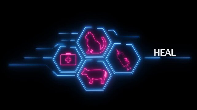 Neon veterinary for healing animals including a cat cow medical kit and syringe with glowing blue circuit lines on a dark background