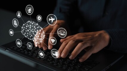 Naklejka premium A visual of artificial intelligence network connecting AI, network, and system across a structured digital platform for seamless AI communication Marrow