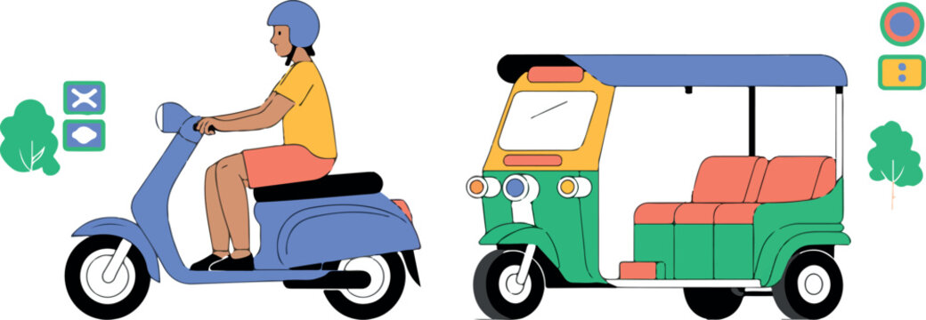 Asian street scene with scooter and tuk tuk, city street background, modern transportation vector.