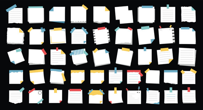 Massive collection of blank white sticky notes in various shapes and sizes attached with colorful pieces of tape and pins on a black wall.