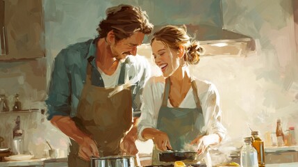 Obraz premium Joyful Cooking Together in a Warm Kitchen with Laughter and Soft Light