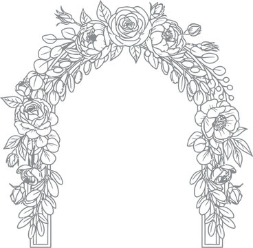 Elegant hand drawn black outline floral arch with various blooming roses, peonies, and decorative leaves, perfect for weddings, invitations, or event decorations on a clean white background.