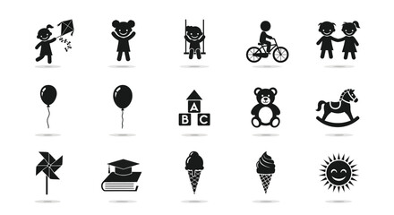 Obraz premium Black silhouette icons of children playing with toys and enjoying treats featuring balloons teddy bears blocks ice cream and bicycles set against a clean white background