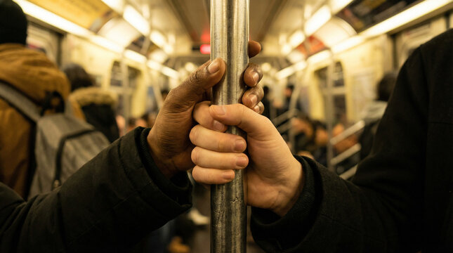 Diverse hands overlapping on subway train metal pole
