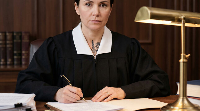 Serious female judge sitting at courtroom desk working