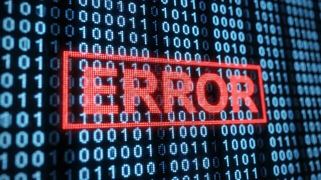 This displays a digital error screen with a red error stamp on a background of blue binary code, representing technical difficulties and cyber security issues.
