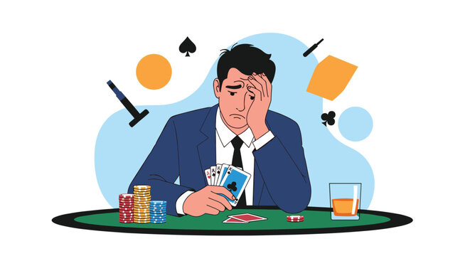 Stressed and defeated man in a business suit sitting at a green poker table with gambling chips and a drink after losing a card game.