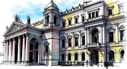 Fototapeta premium Watercolor style illustration of a grand european palace with detailed architecture