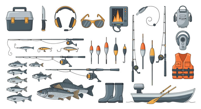 Comprehensive collection of fishing equipment including rods reels lures boat and various fish species for outdoor hobby.