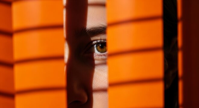 A person peeking through orange blinds with a curious expression