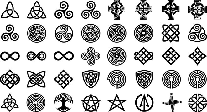 Diverse collection of celtic symbols and patterns on white background
