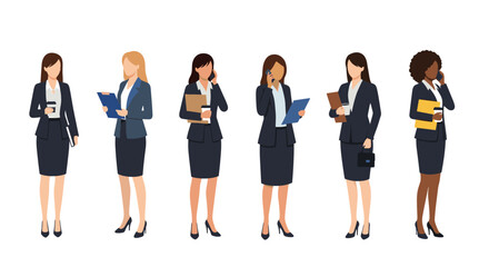 Obraz premium Group of diverse businesswomen in smart suits standing in line with files coffee and mobile phones for office work.
