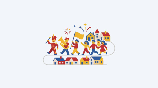 Cartoon Parade of People Walking Through a Village