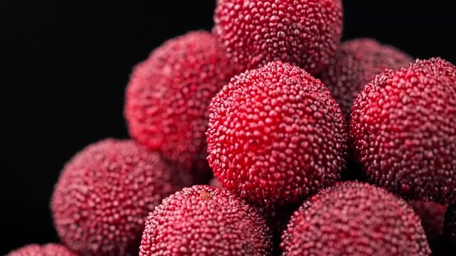 Extreme Macro Close-up of Fresh Red Yangmei Chinese Bayberry Pile on Black Background for Food Advertising and Gourmet Visuals