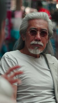 Elderly asian man with long gray hair, a goatee, and round glasses talks and gestures while sitting in a blurred, crowded outdoor setting