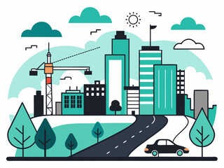 Obraz premium Industrial cityscape with factories and power plants along a riverbank under a clear sky