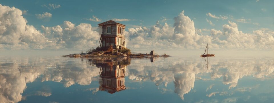 Surreal Dreamlike Scene of a House on Water with Reflection under a Vast Sky