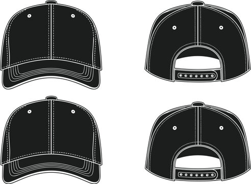 Set of baseball cap mockups front and back views, snapback hat template collection, headwear apparel illustration isolated on white background