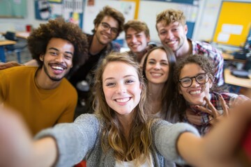 Fototapeta premium Cheerful student group taking selfie in classroom