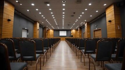 Fototapeta premium An empty modern conference hall or auditorium featuring rows of dark chairs arranged symmetrically with a projection screen at the front