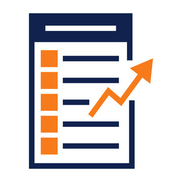Business check mark document icon with orange tick symbol and blue paper outline