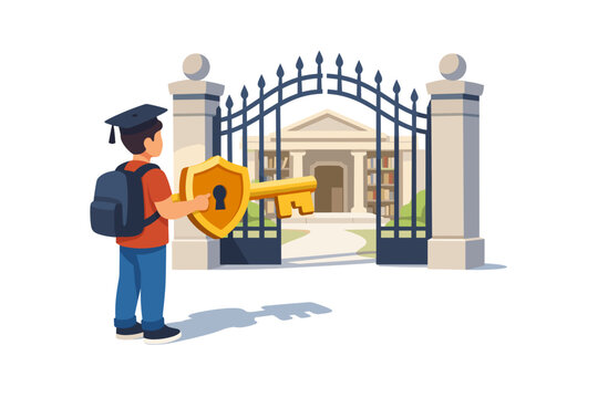 Student Holding Golden Key to Open University Gate Success Concept