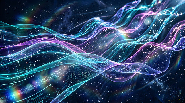 Abstract digital wave pattern with binary code and glowing lines in space