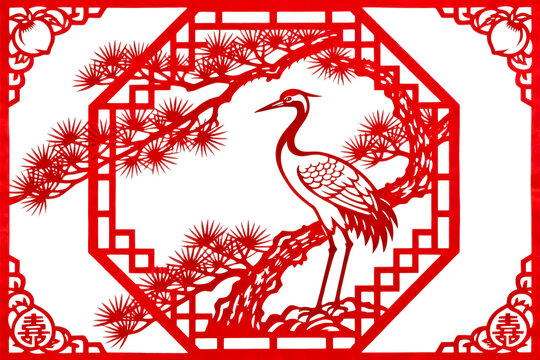 Red Paper Cutting of Crane on Pine Tree