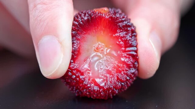 Extreme Macro Close-up of Fresh Red Yangmei Chinese Bayberry Squeezed by Hand Showing Juicy Pulp and Dripping Juice, Food Commercial