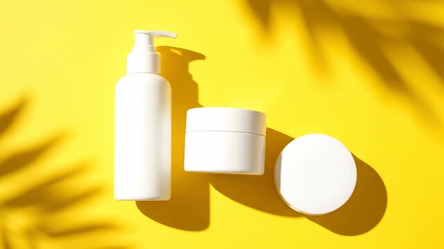 Three white, unlabeled cosmetic containers arranged on a vibrant yellow background, with shadow detail