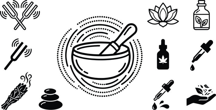 Holistic wellness and meditation icon set featuring Tibetan singing bowl, tuning forks, aromatherapy oil bottles, smudge stick, and lotus flower, vector line art for spa and health branding