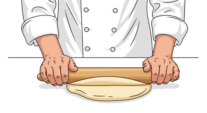 Professional chef hands using a wooden rolling pin to flatten fresh dough on a clean white kitchen counter surface illustration.