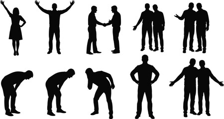 Business people silhouettes set showing teamwork, communication, handshake, discussion, greeting and various human poses, corporate characters isolated on white background © Masuduzzaman