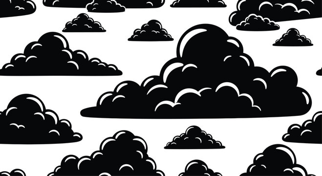 Cloud silhouettes seamless pattern featuring cartoon style fluffy clouds, abstract sky elements, decorative weather background, monochrome vector illustration isolated on white backdrop