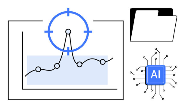 Data analysis, artificial intelligence, machine learning, business strategy, technology tools, information management. Line graph with target, folder AI chip. Data analysis and AI concept