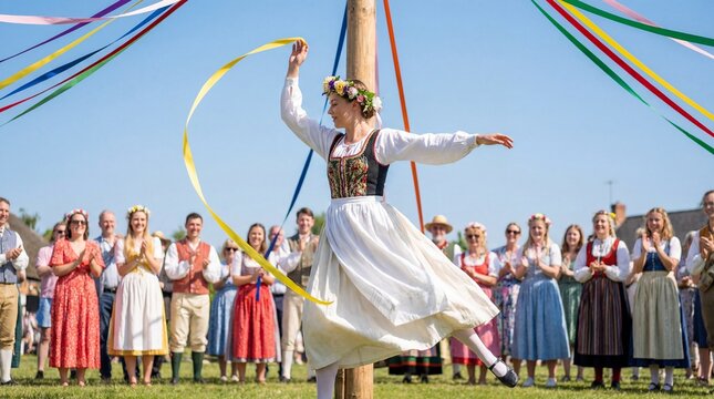 Woman dancing around Maypole with colorful ribbons at outdoor festival  