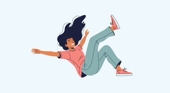 Joyful young woman with long dark hair falling backwards through the air in a state of weightless bliss against a plain background.